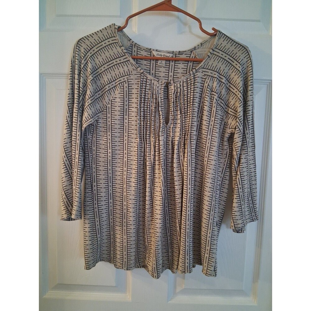 Lucky Brand Boho Knit Tunic Top Black Beige Tribal Stripe 3/4 Sleeve Size SMALL